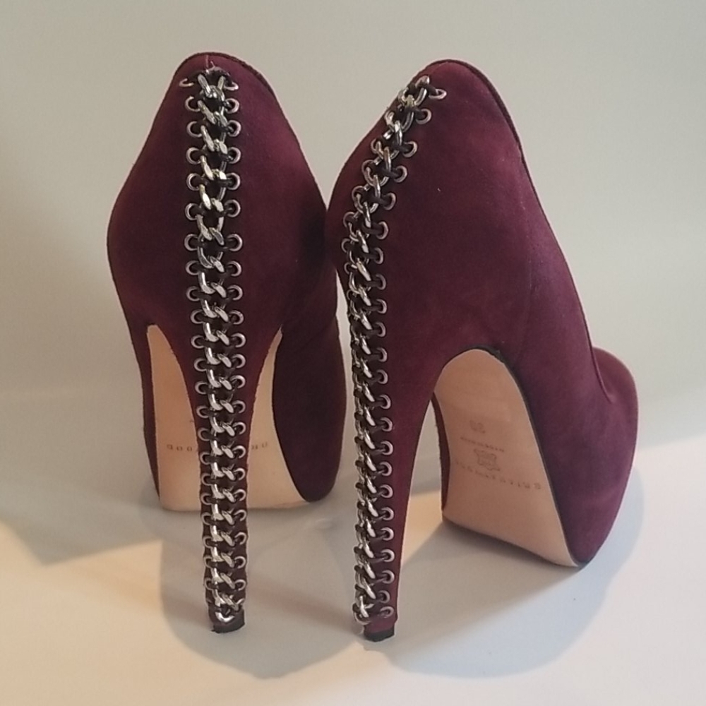 Brian Atwood Chain Heel Pump Wine Suede 36